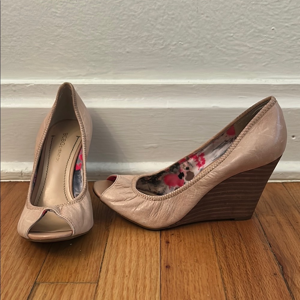 BCBG Nude Peep-Toe Wedge Pumps